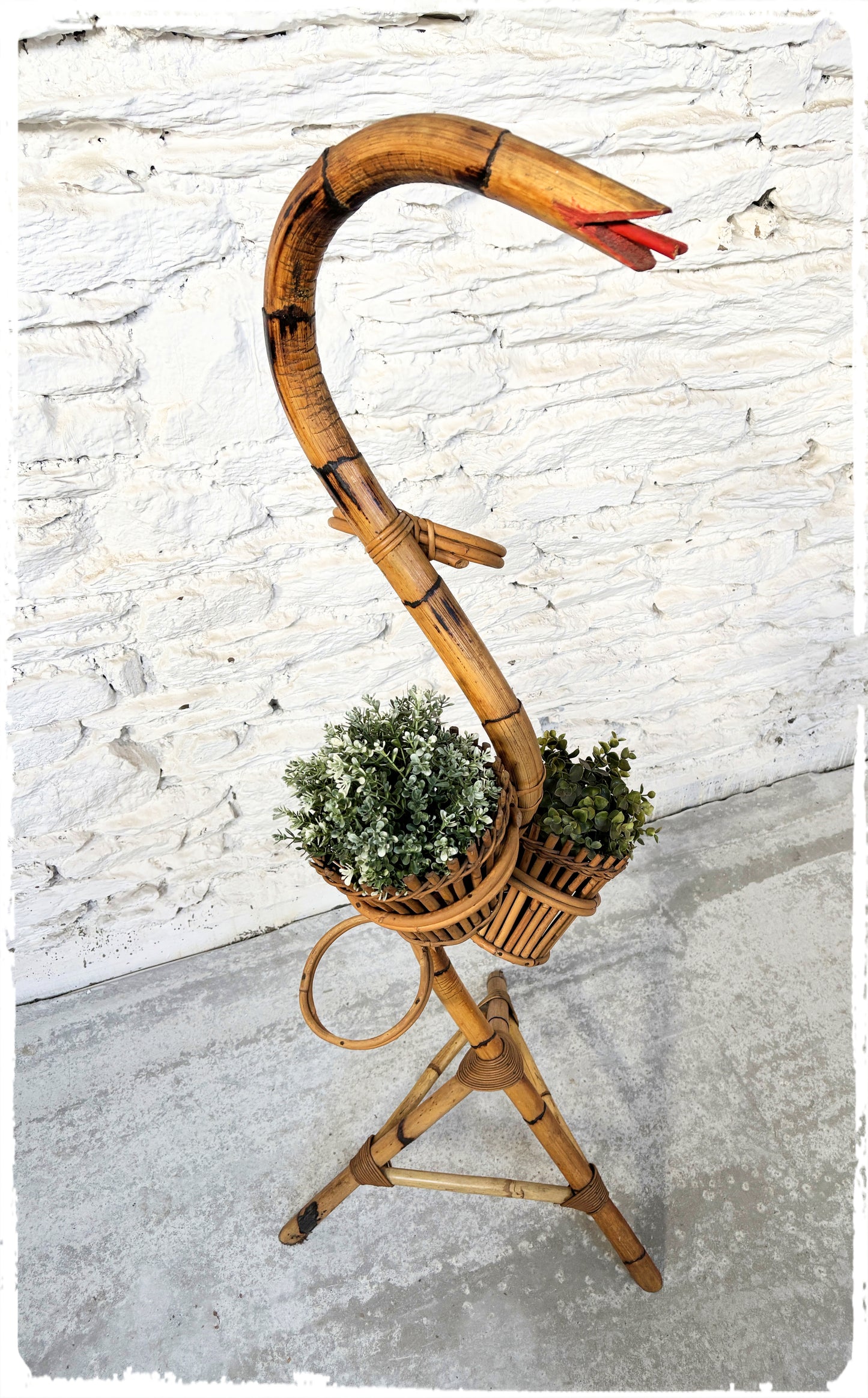 Grand Porte Plantes Serpent Vintage Bambou et Rotin