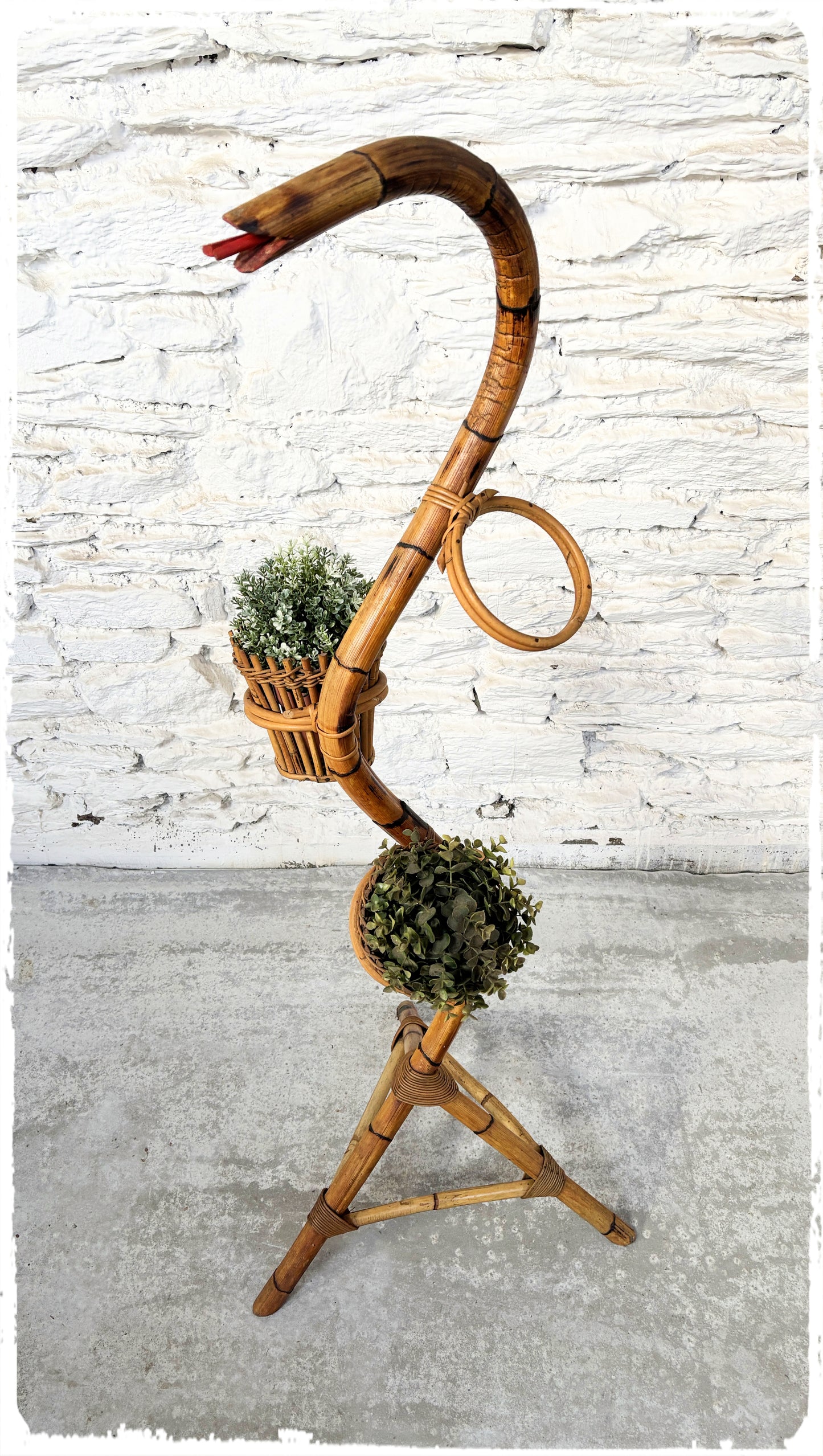 Grand Porte Plantes Serpent Vintage Bambou et Rotin