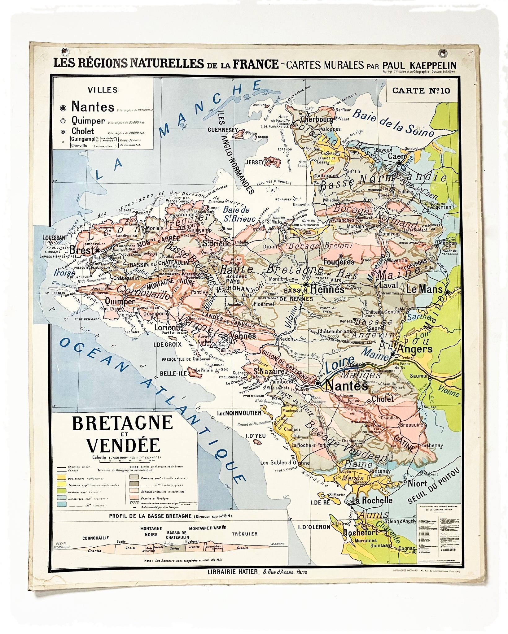 Grande Affiche Carte Scolaire Vintage Cartonée Hatier Bretagne et Vendée