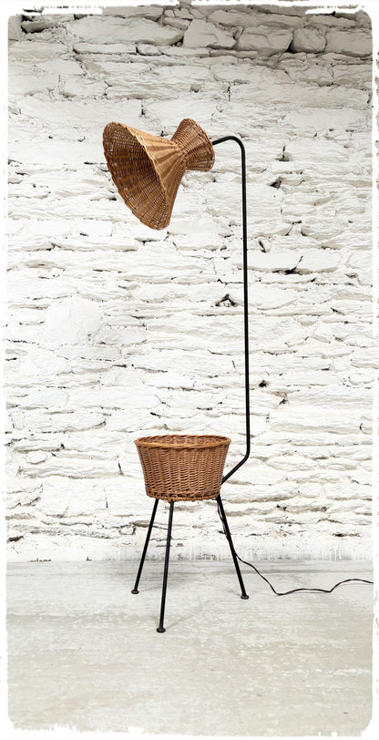 Lampadaire Liseuse Tripode Vintage Années 50 Rotin & Métal Noir