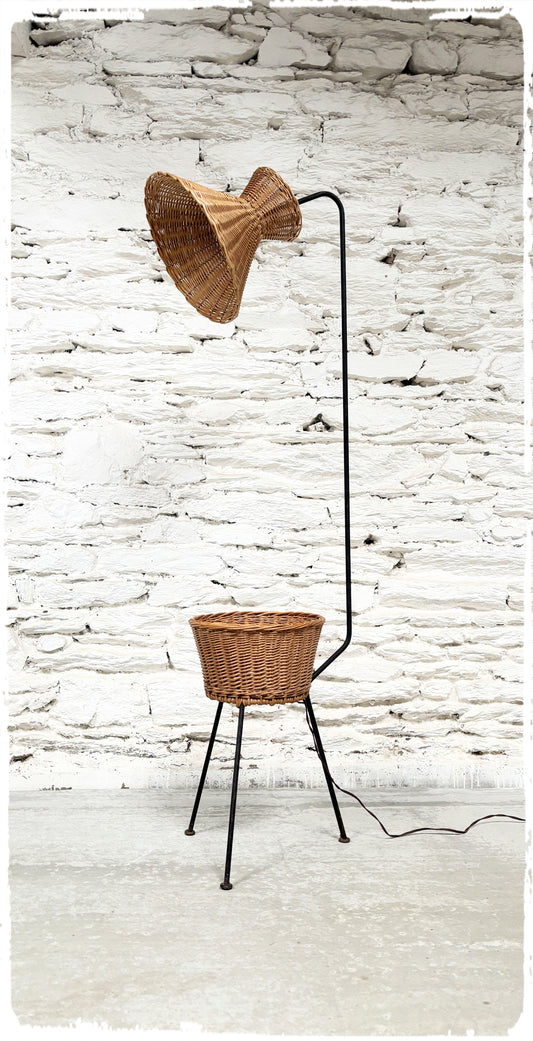Lampadaire Liseuse Tripode Vintage Années 50 Rotin & Métal Noir