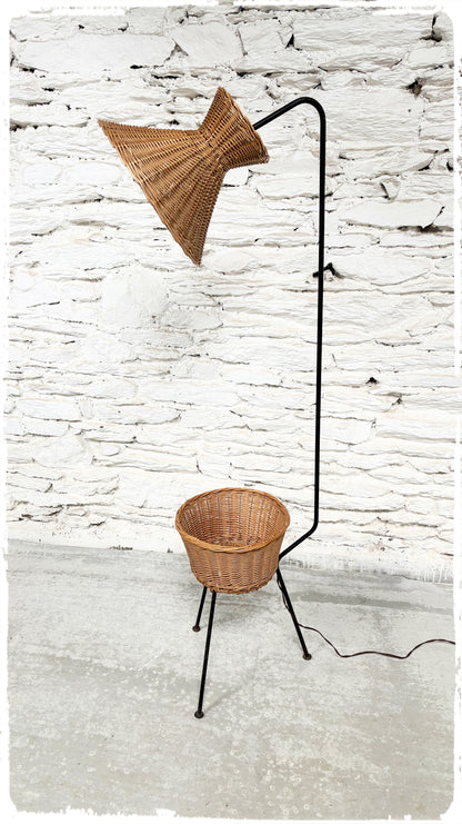 Lampadaire Liseuse Tripode Vintage Années 50 Rotin & Métal Noir
