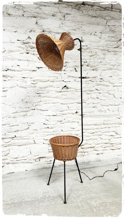Lampadaire Liseuse Tripode Vintage Années 50 Rotin & Métal Noir
