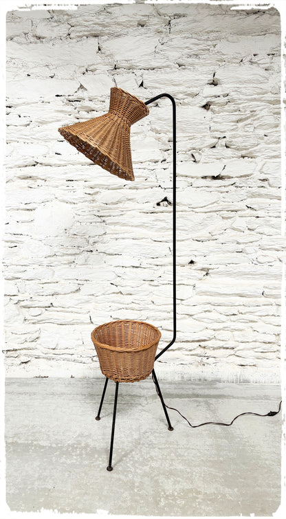 Lampadaire Liseuse Tripode Vintage Années 50 Rotin & Métal Noir