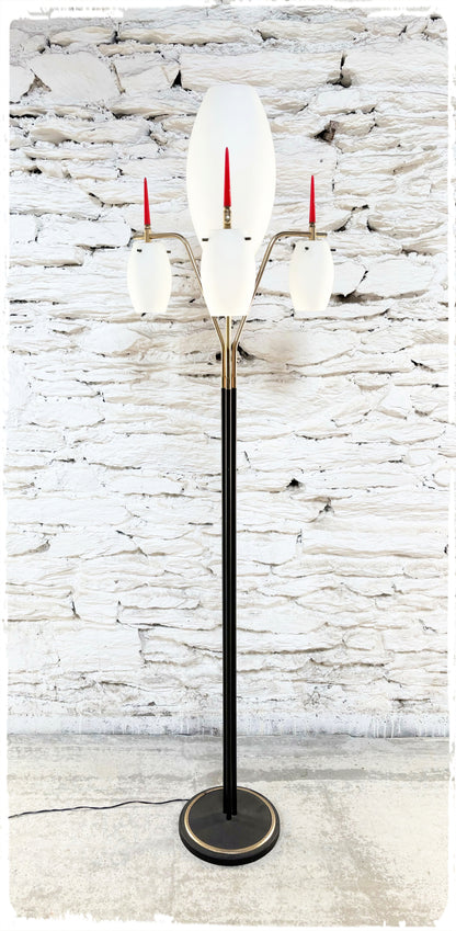 Lampadaire Vintage 4 Feux Laiton et Opaline