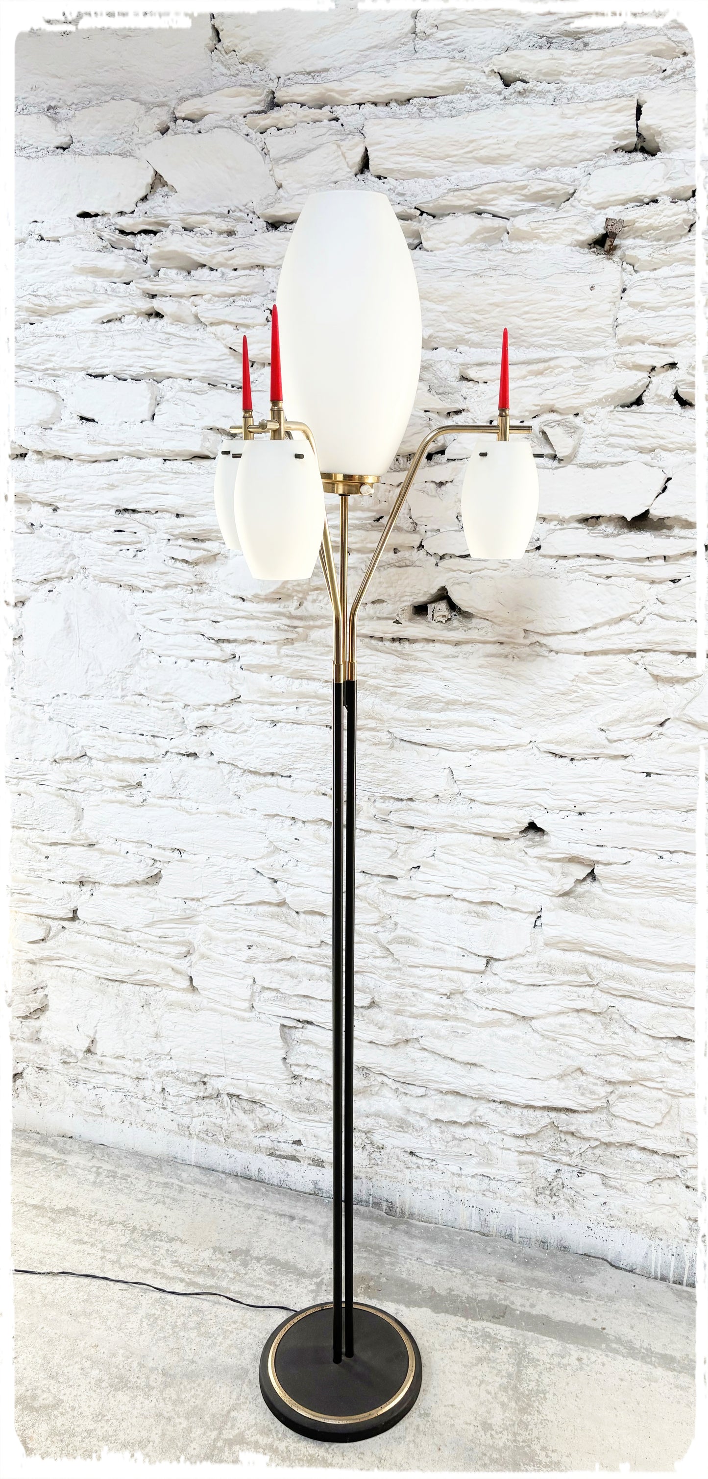 Lampadaire Vintage 4 Feux Laiton et Opaline