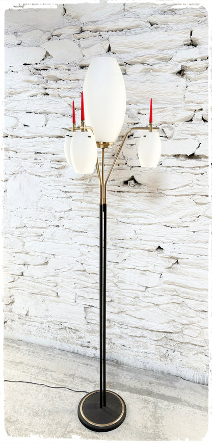 Lampadaire Vintage 4 Feux Laiton et Opaline