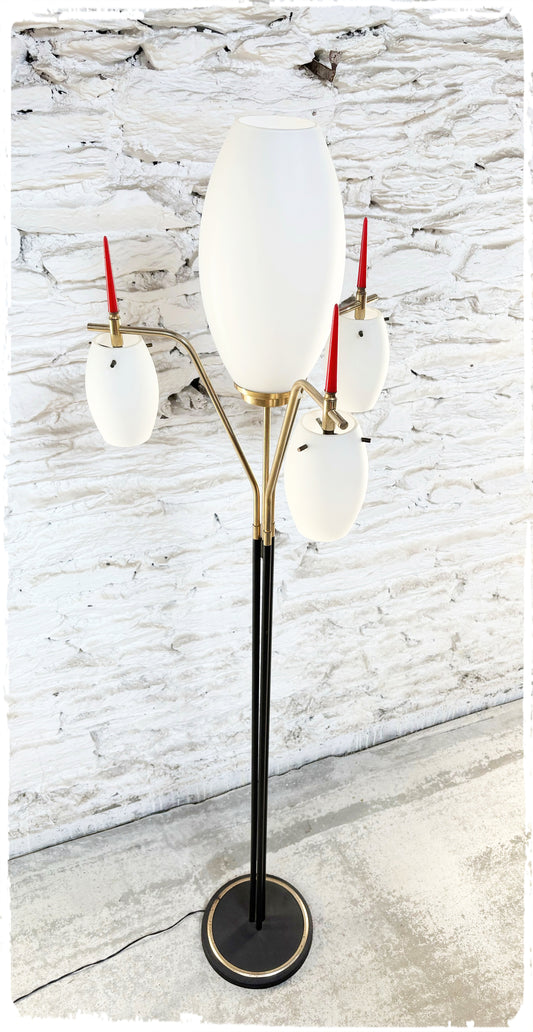 Lampadaire Vintage 4 Feux Laiton et Opaline