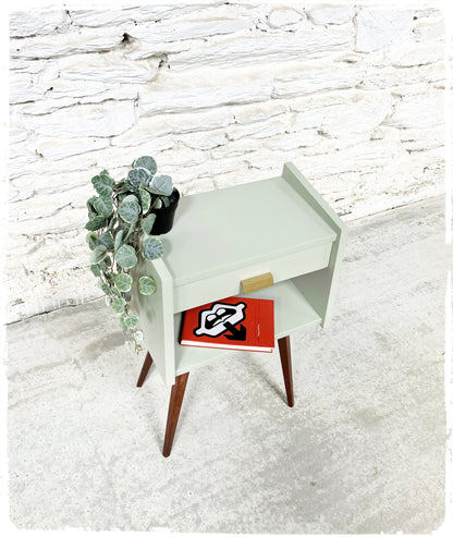 Meuble d'Appoint Chevet Vintage Pieds Compas Revisité Gris Vert