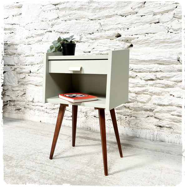 Meuble d'Appoint Chevet Vintage Pieds Compas Revisité Gris Vert