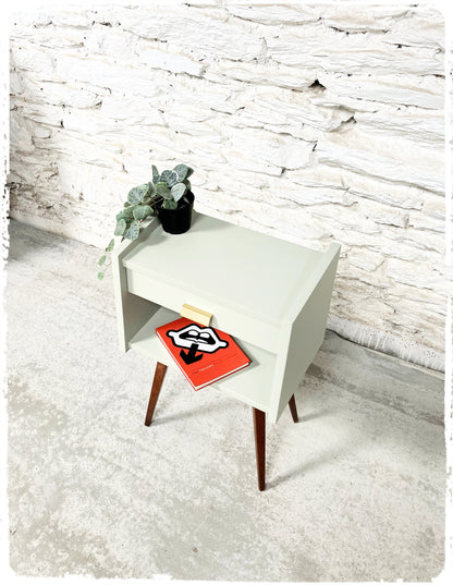 Meuble d'Appoint Chevet Vintage Pieds Compas Revisité Gris Vert