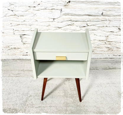 Meuble d'Appoint Chevet Vintage Pieds Compas Revisité Gris Vert
