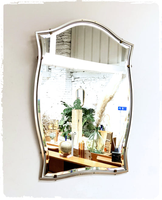 Miroir Biseauté Vintage Moderniste Forme Libre Blason Métal Argenté