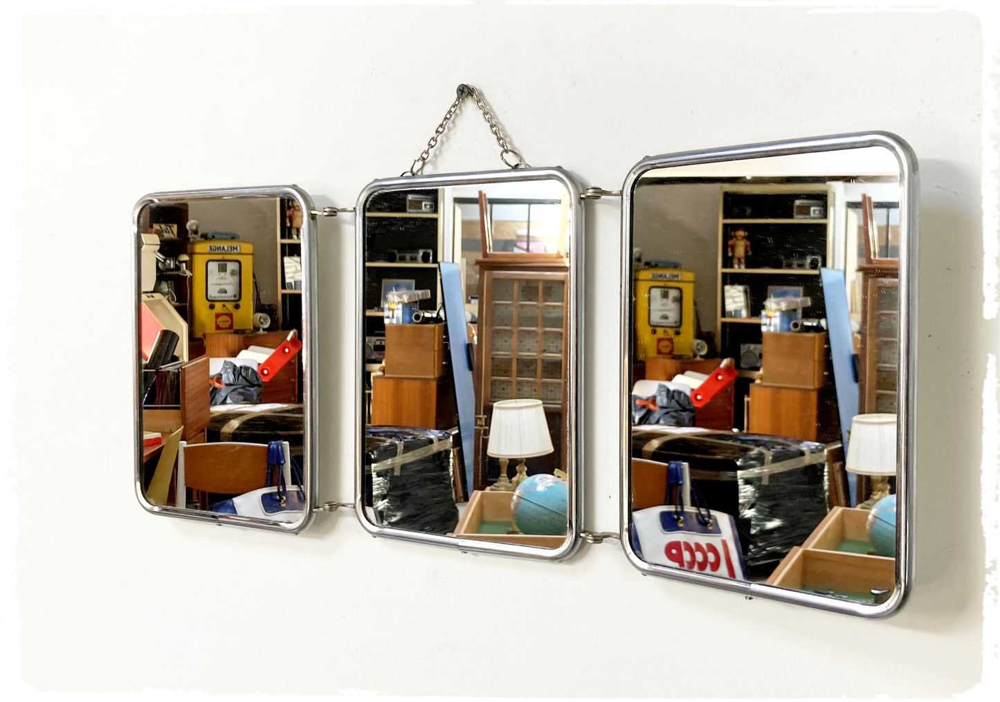 Miroir de Barbier Triptyque Vintage Avec Chaînette Métal