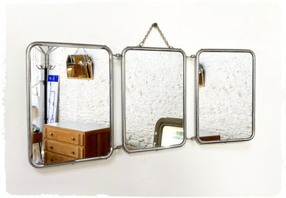 Miroir de Barbier Triptyque Vintage Avec Chaînette Métal