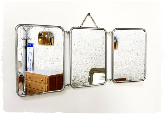 Miroir de Barbier Triptyque Vintage Avec Chaînette Métal