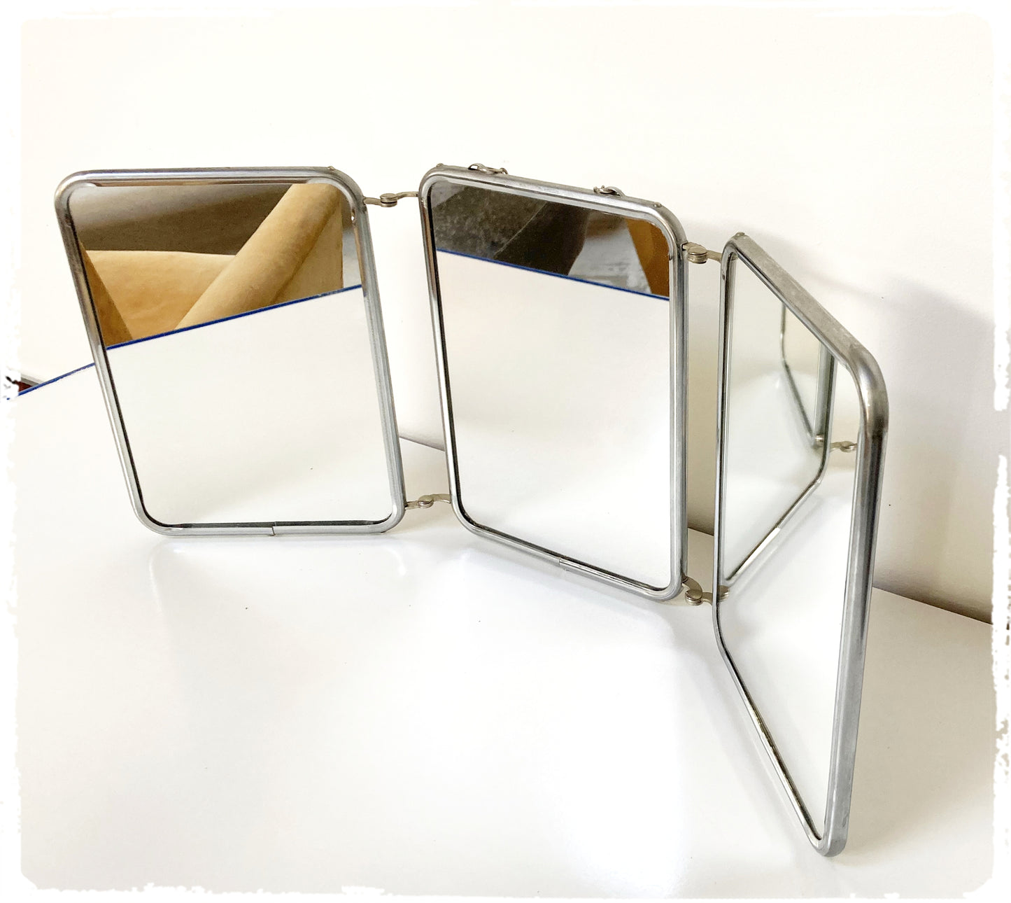 Miroir de Barbier Triptyque Vintage Avec Chaînette Métal