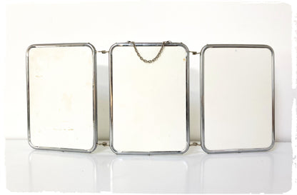 Miroir de Barbier Triptyque Vintage Avec Chaînette Métal