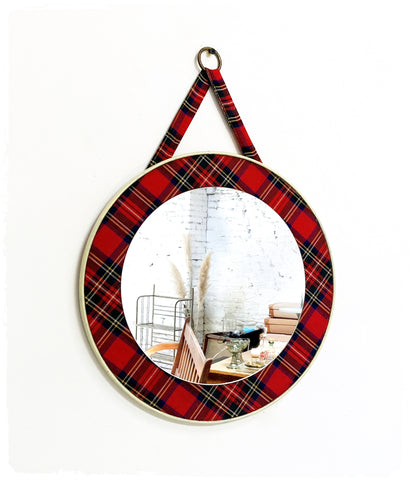 Miroir Médaillon Vintage Tissu Ecossais Rouge