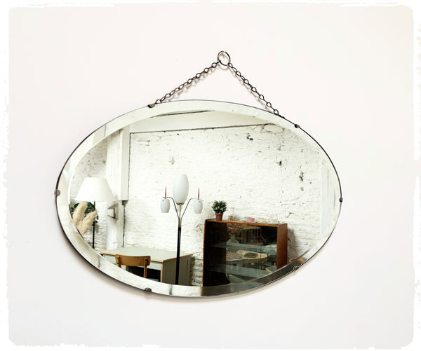 Grand Miroir Ovale Biseauté Vintage Art Déco Avec Chaîne
