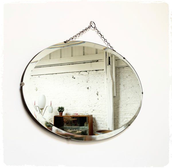 Grand Miroir Ovale Biseauté Vintage Art Déco Avec Chaîne
