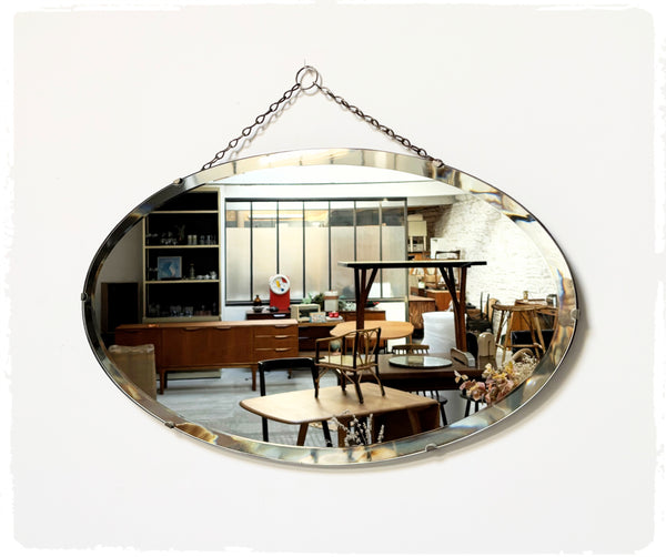 Grand Miroir Ovale Biseauté Vintage Art Déco Avec Chaîne