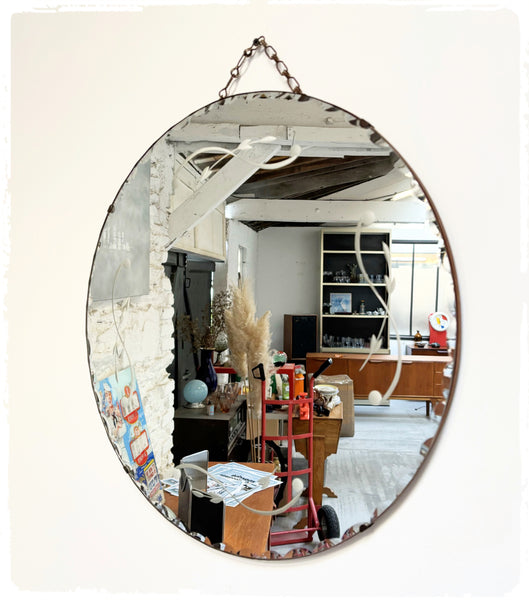 Miroir Rond Gravé Vintage Art déco avec Chaîne