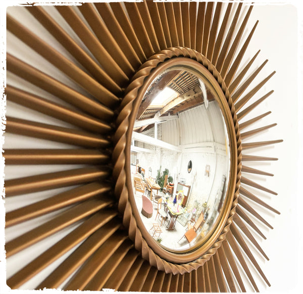 Miroir Soleil Sunburst Vintage Oeil de Sorciere Chaty Vallauris 70 cm Métal Doré