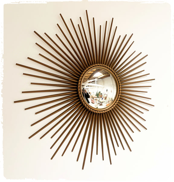 Miroir Soleil Sunburst Vintage Oeil de Sorciere Chaty Vallauris 70 cm Métal Doré