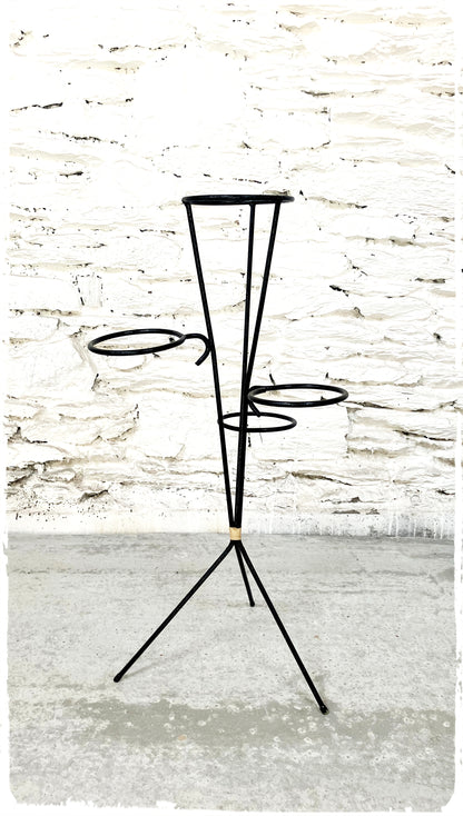 Porte Plantes Jardinière Vintage Tripode Moderniste Noir en Métal