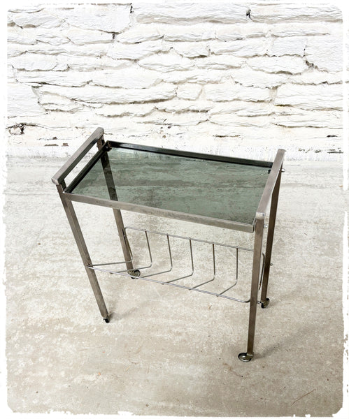 Porte Revues Bout de Canapé Vintage Années 70 Métal et Verre Fumé