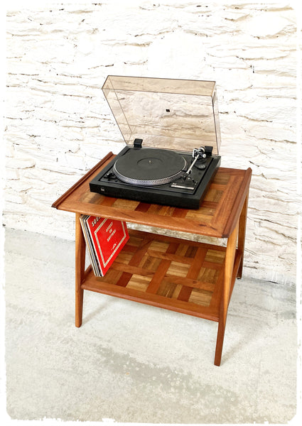Table d'Appoint Meuble Hi-Fi Vintage En Bois Exotique Pieds Compas