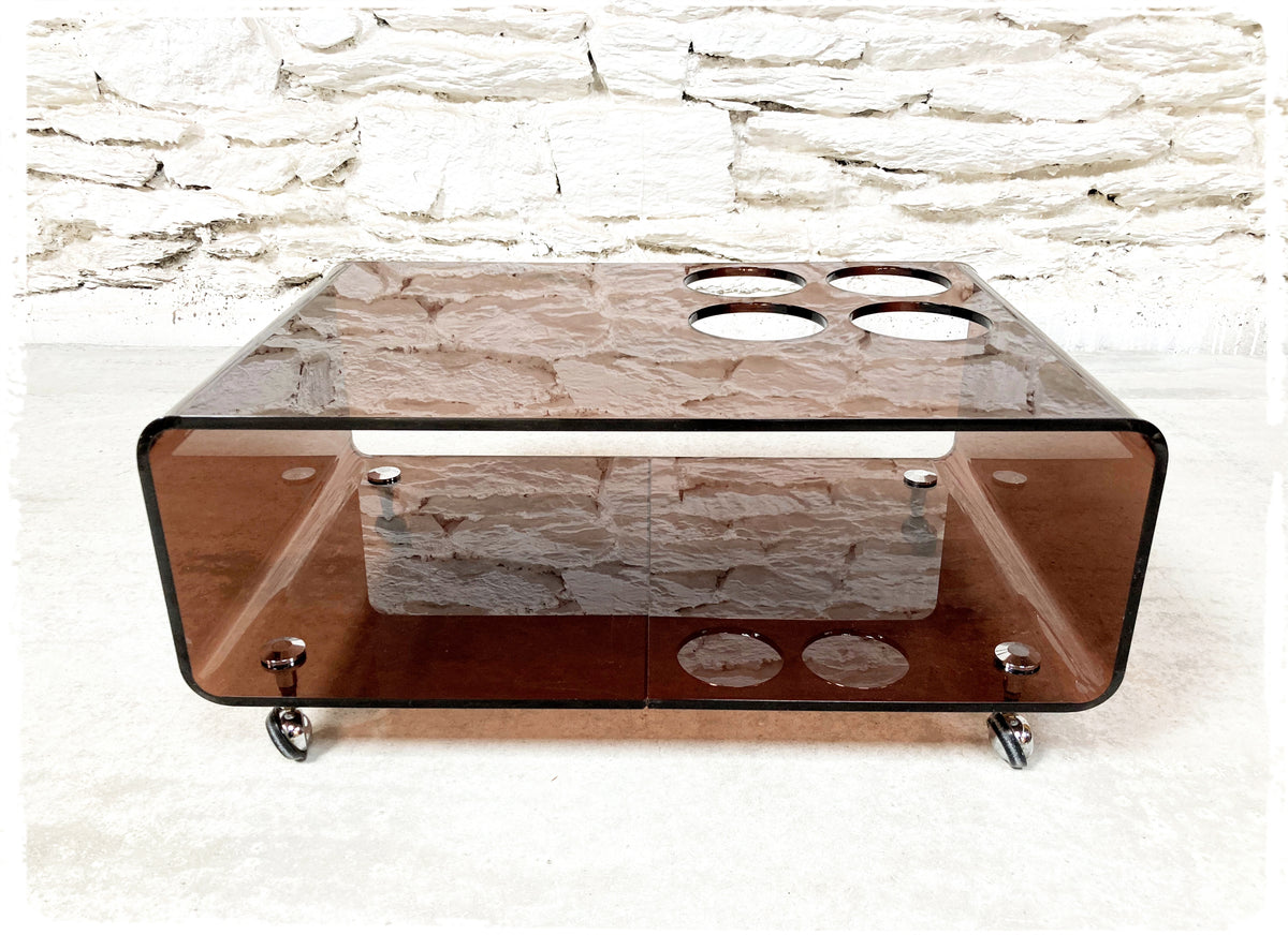 Table Basse-bar Design Années 70 Ligne Roset – Métal Et Verre, 120x70x37cm