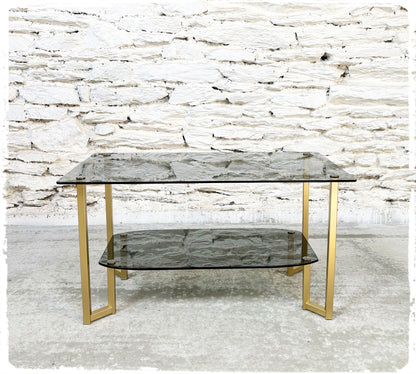 Table Basse Vintage Verre Fumé Métal Doré Années 70