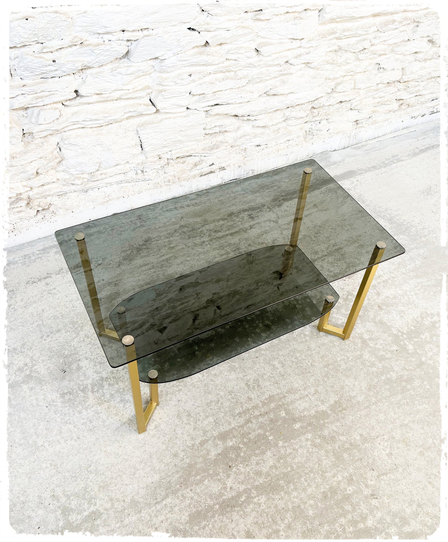 Table Basse Vintage Verre Fumé Métal Doré Années 70