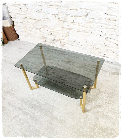 Table Basse Vintage Verre Fumé Métal Doré Années 70