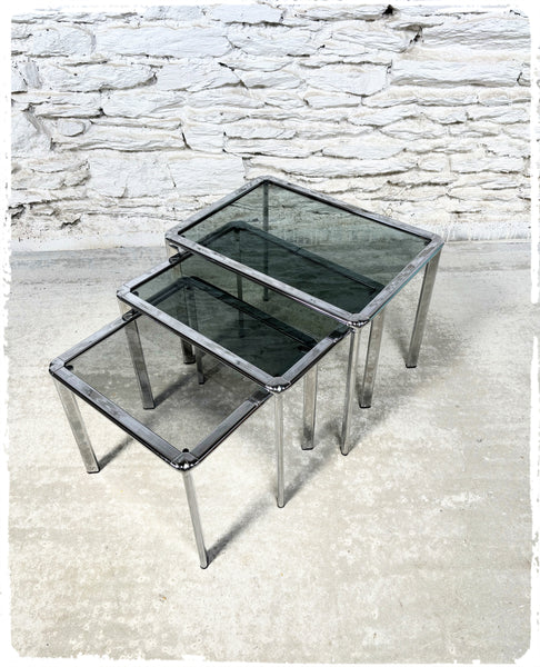 Tables Basses Gigognes Vintage Métal et Verre Fumé