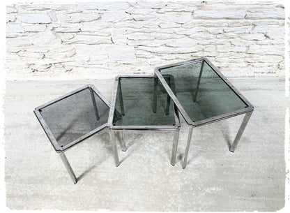 Tables Basses Gigognes Vintage Métal et Verre Fumé