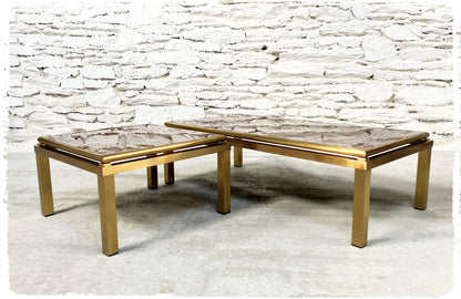 Duo de Tables Basses Vintage Laiton & Verre Eglomisé Années 70