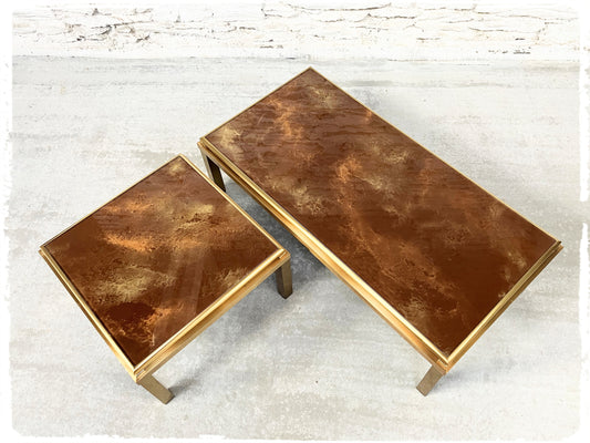 Duo de Tables Basses Vintage Laiton & Verre Eglomisé Années 70