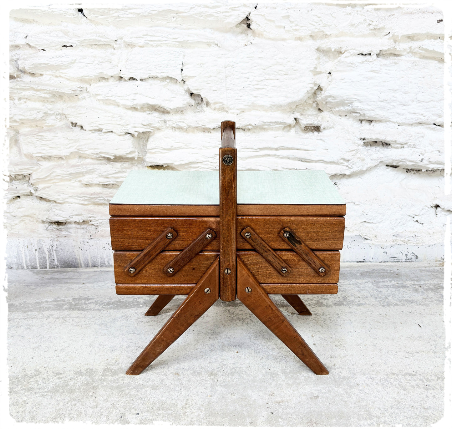 Travailleuse Vintage Chêne et Formica Pieds Compas Manufrance
