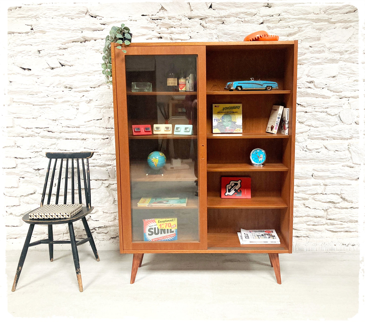 Bibliothèque Vitrine Vintage Scandinave en Teck Pieds Compas Poul HUNDEVAD