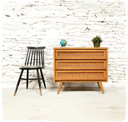 Commode Vintage Pieds Compas Bois et Rotin