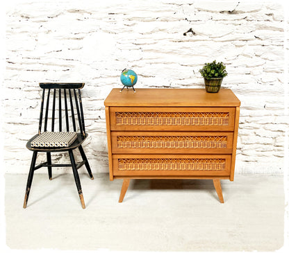 Commode Vintage Pieds Compas Bois et Rotin