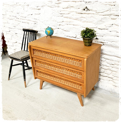Commode Vintage Pieds Compas Bois et Rotin