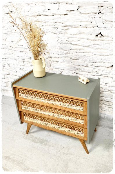 Commode Vintage Pieds Compas Chêne et Rotin Revisitée