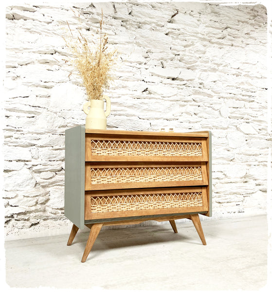 Commode Vintage Pieds Compas Chêne et Rotin Revisitée