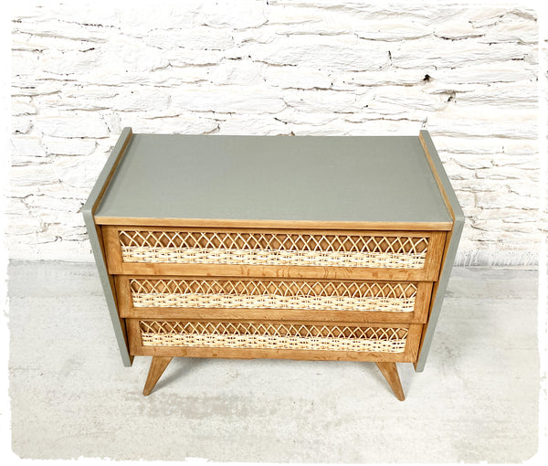 Commode Vintage Pieds Compas Chêne et Rotin Revisitée