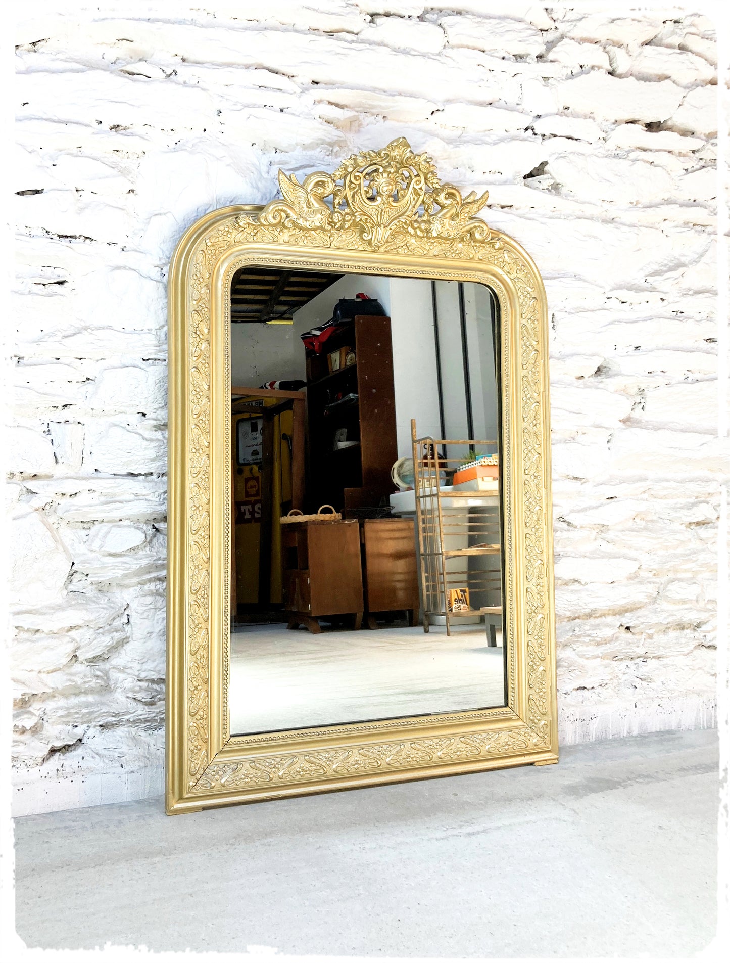 Grand Miroir Ancien Louis Philippe Perlé Doré à Fronton