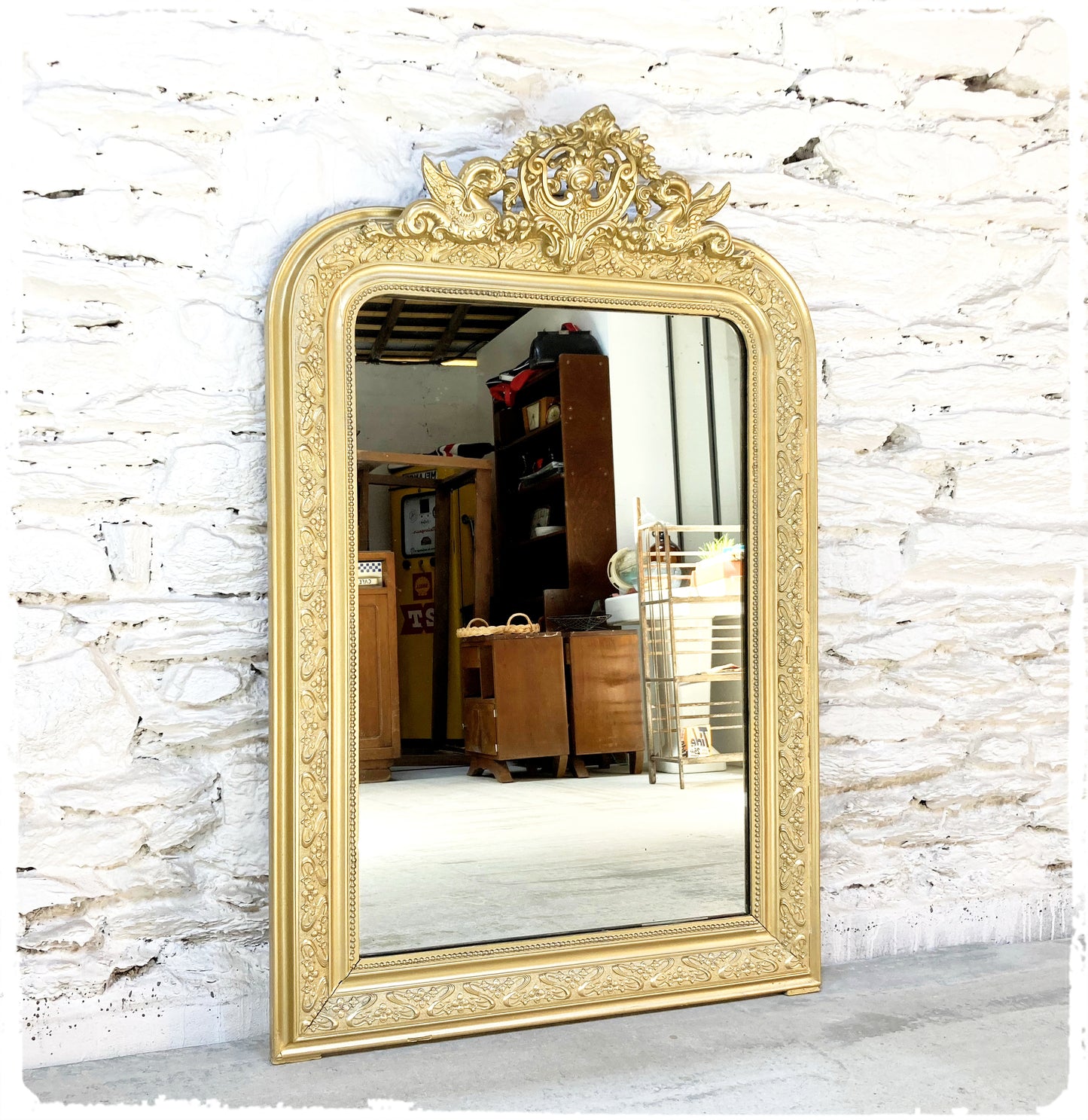 Grand Miroir Ancien Louis Philippe Perlé Doré à Fronton